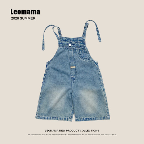 leomama女童背带裤短裤夏装中大童洋气连体宽松百搭牛仔