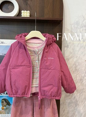 leomama女童纯色连帽夹棉外套秋冬儿童宽松面包棉衣儿童百搭上衣