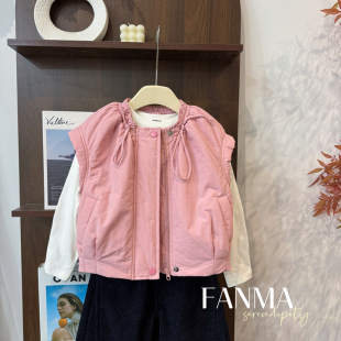 leomama女童秋冬季夹棉马甲木耳边抽绳领无袖加厚外穿背心外套