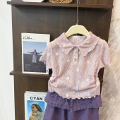 leomama女童针织镂空t恤夏季 上衣儿童甜美翻领Polo 小女孩半袖