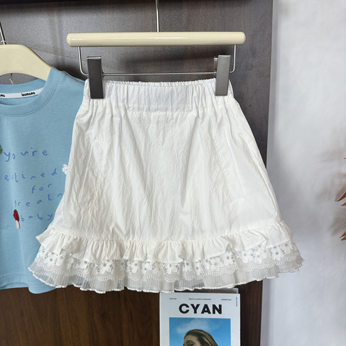 leomama童装女童洋气裙子夏季新款儿童白色蕾丝花边短裙半身裙