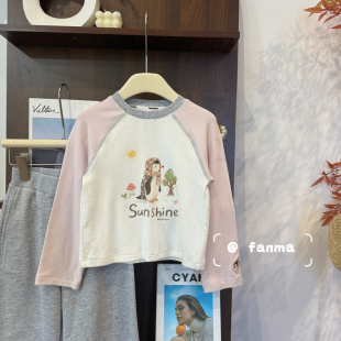 leomama【企鹅暖阳】女童早秋插肩袖T恤可爱印花长袖上衣拼色打底