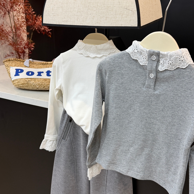 leomama女童蕾丝边半高领长袖打底衫秋冬新品中大童百搭洋气上衣
