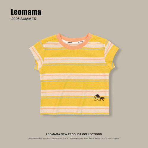 leomama女童撞色条纹短袖T恤2026夏季新款儿童上衣刺绣小马体恤