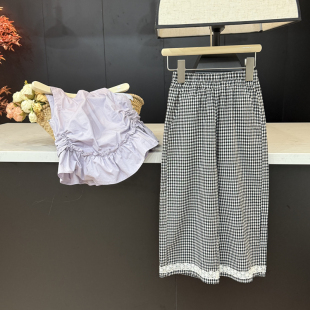 leomama女童裤子夏装2025新款儿童夏季薄款防蚊裤格子阔腿裤九分