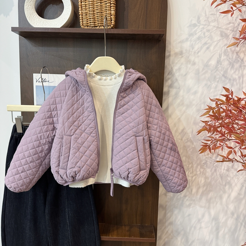 leomama女童棉服25冬新款韩版菱形格纹洋气小女孩宽松连帽棉外套
