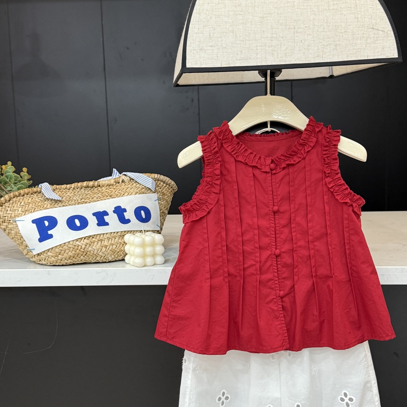 女童红色衬衫娃娃衫夏季新款
