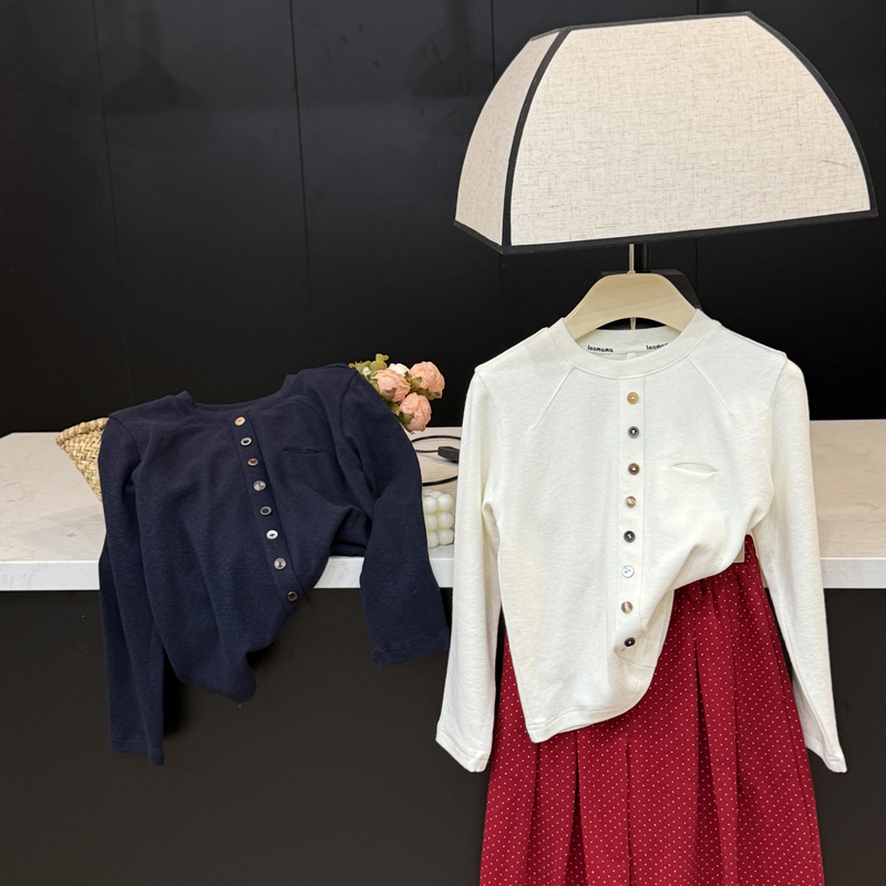 leomama女童彩扣长袖t恤秋季2025新款时髦百搭上衣打底衫宝宝衣服