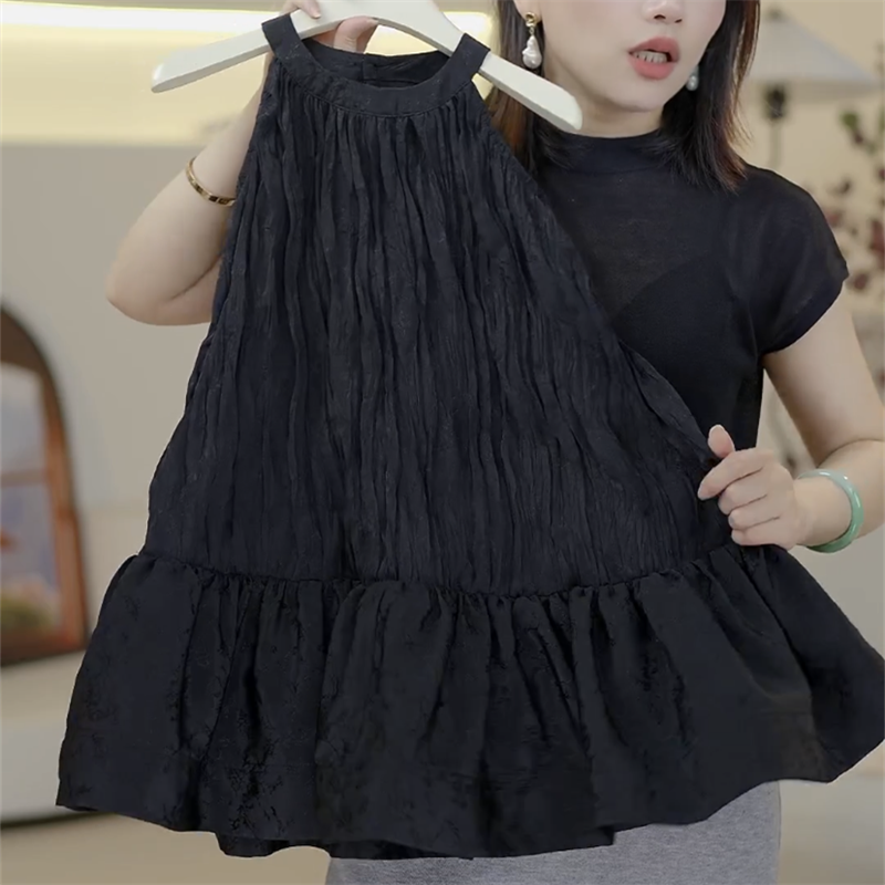 童装女童连衣裙2024夏季新款儿童高级感挂脖长裙时尚黑色夏天裙子