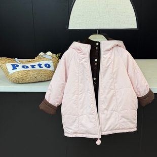 leomama女童加厚粉色棉服25冬季新款儿童两面穿棉衣女孩休闲外套