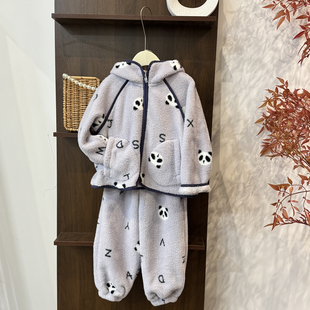 leomama女童加厚家居服套装秋冬儿童保暖毛绒睡衣外套裤子两件套