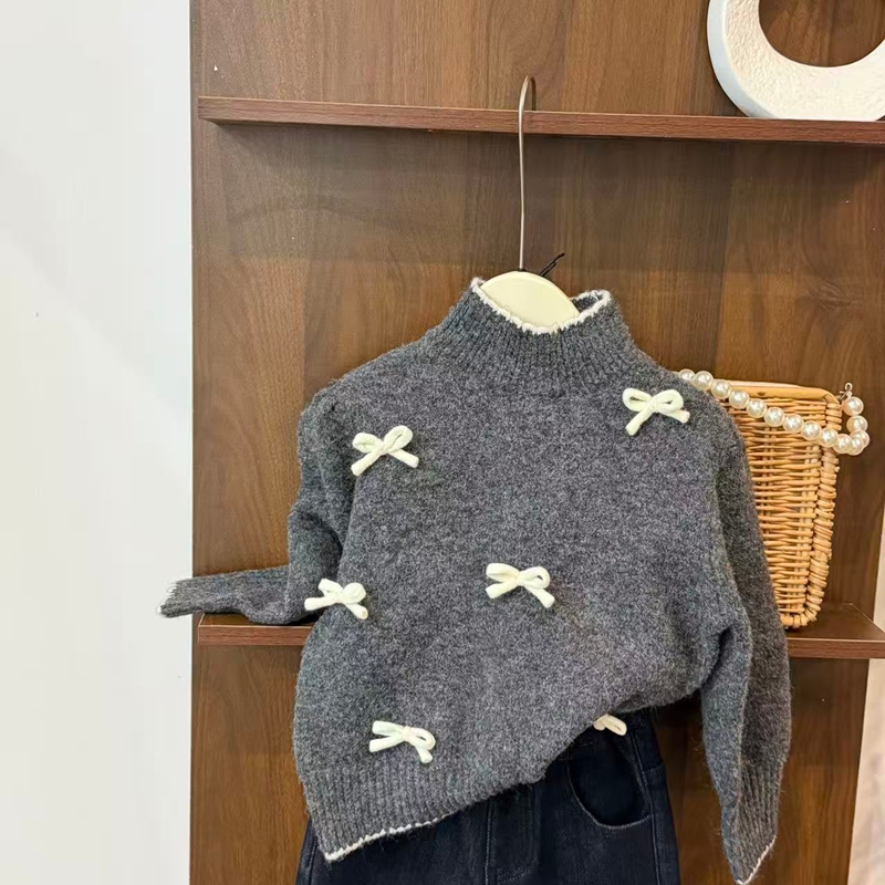 leomama女童蝴蝶结毛衣韩系25新款女宝宝洋气加厚针织衫毛线上衣