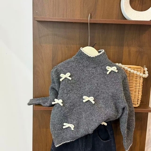 leomama女童蝴蝶结毛衣韩系25新款 毛线上衣 女宝宝洋气加厚针织衫