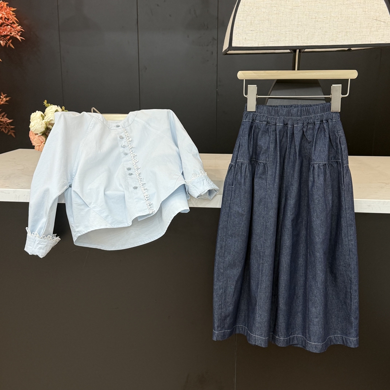 leomama女童韩版牛仔阔腿裙裤春季新款复古百搭设计感时尚休闲裤