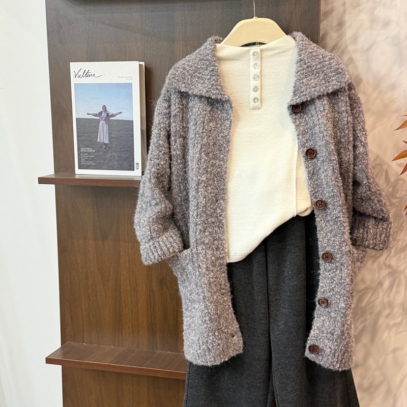 leomama女童时髦针织开衫外套秋冬季儿童洋气加厚毛衣外套中长款