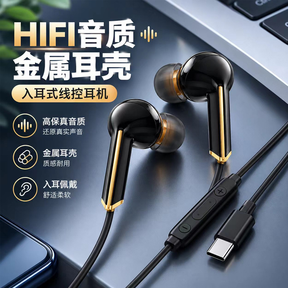 有线耳机入耳式带麦数字音频解码typec扁口通用高品质耳机线控