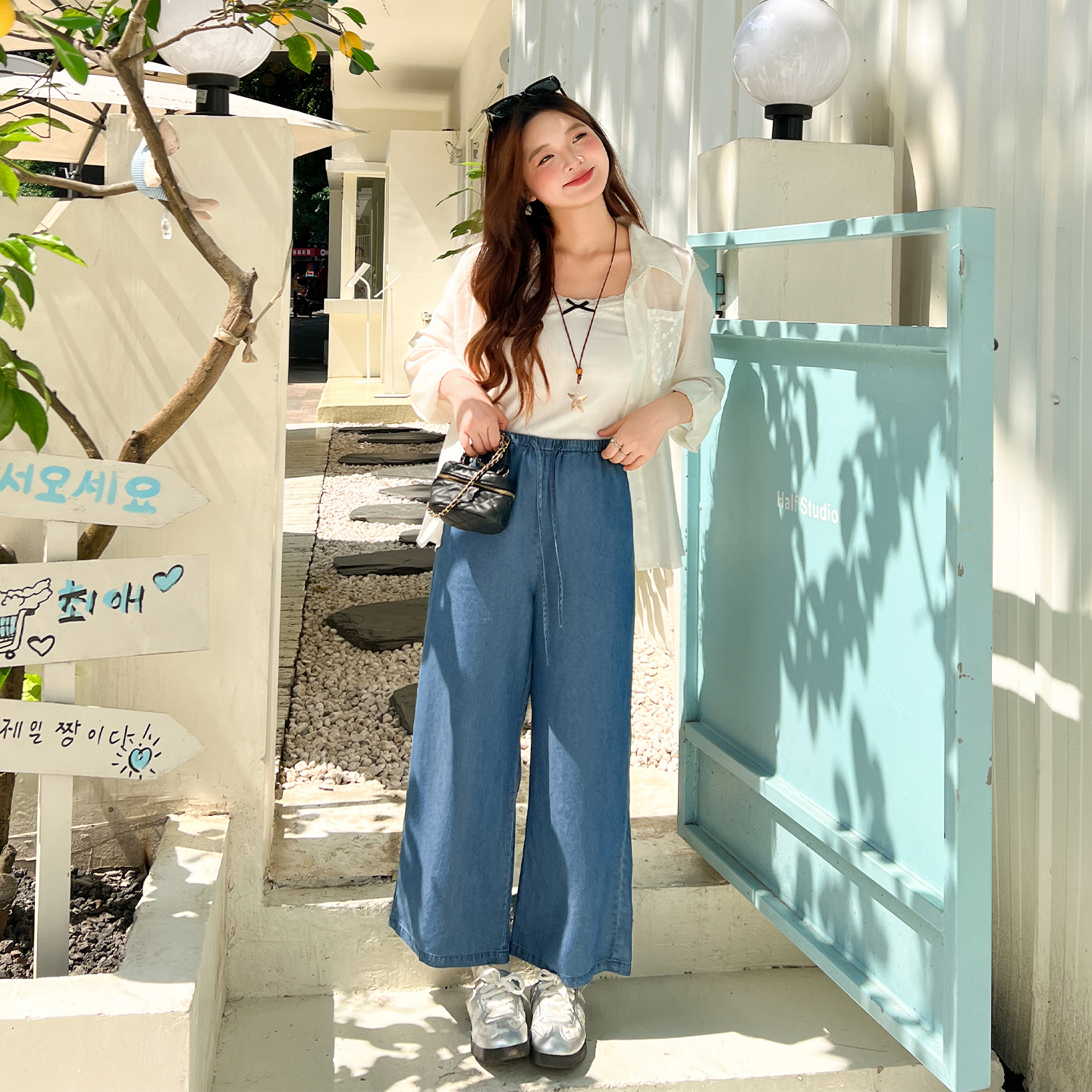 DM100大码百分百女装夏季胖mm休闲百搭松紧腰直筒九分天丝牛仔裤