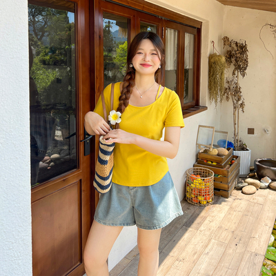 DM100大码百分百女装夏季胖mm甜美纯色设计感收腰正肩上衣显瘦T恤