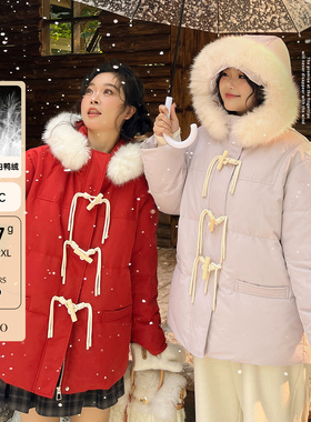 DM100大码百分百微胖mm女装冬季环保毛领正肩短款加厚羽绒服外套