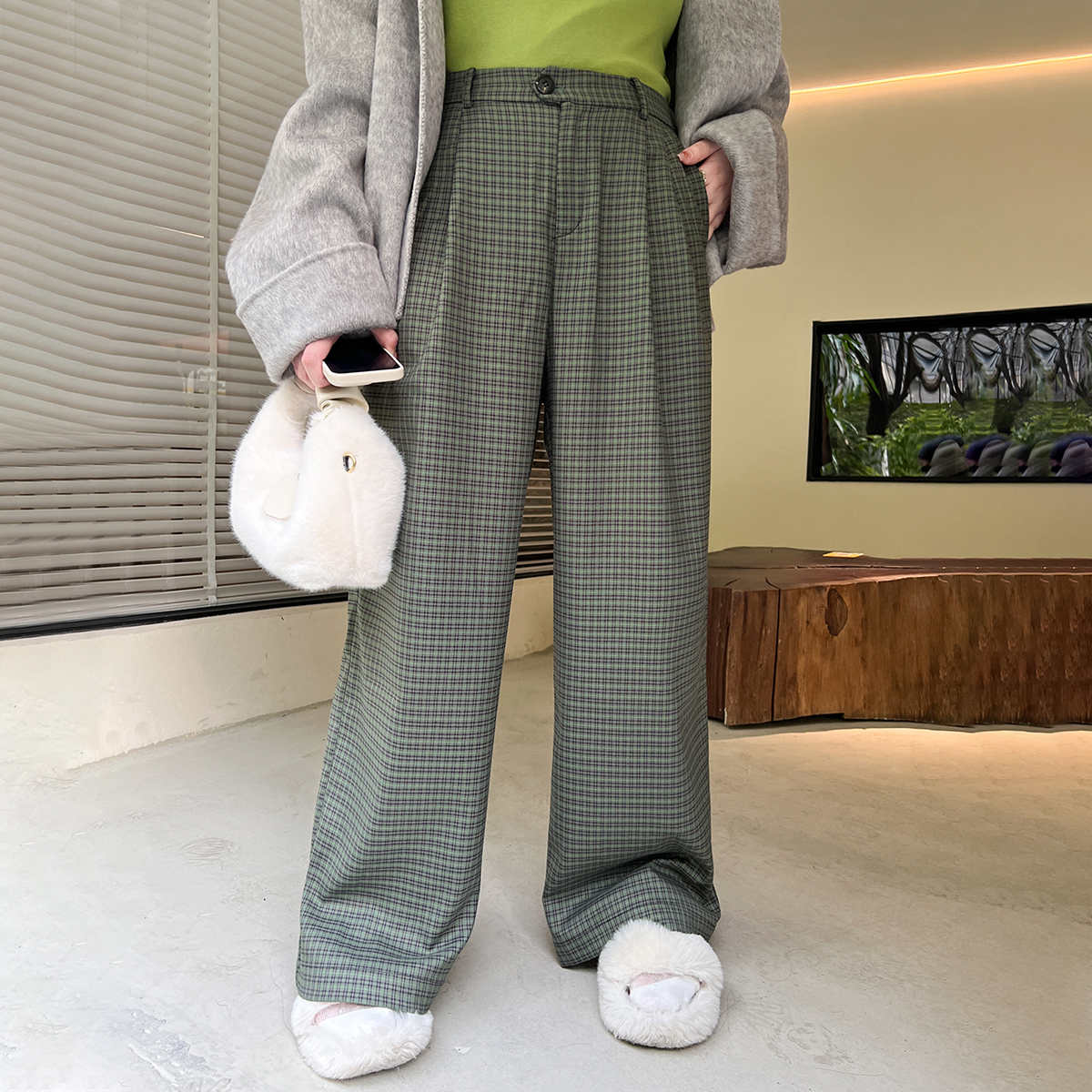 大码百分百直筒格子休闲裤