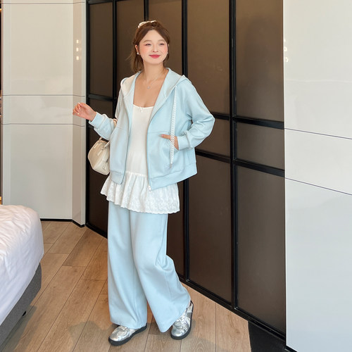 DM100大码百分百女装秋微胖mm花边吊带内搭韩系休闲连帽卫衣套装