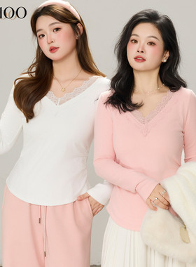 【年终清仓】DM100大码女装冬季蕾丝花边V领收腰修身显瘦内搭T恤