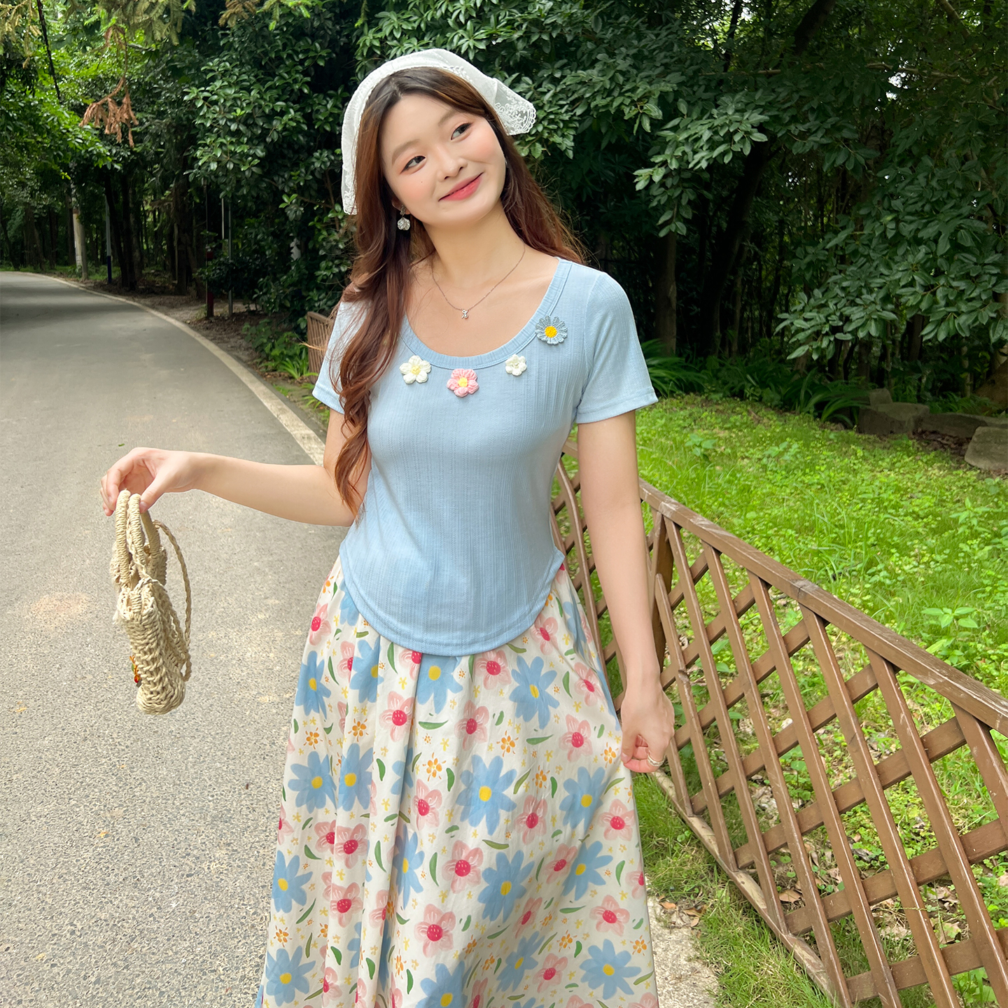 DM100大码百分百女装夏季胖mm甜美提花针织肌理感撞色修身显瘦T恤