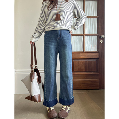 DM100大码百分百女装微胖mm秋季时尚百搭显瘦线条卷边阔腿牛仔裤