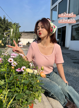 DM100大码百分百女装微胖mmu领T恤休闲百搭华夫格弹力打底衫