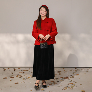 新年红国风盘扣立领夹棉毛呢外套 DM100大码 新年焕新红色战袍