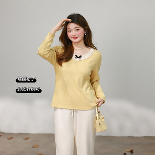 正肩V领撞色花边宽松直筒针织衫 微胖mm冬季 百分百女装 DM100大码