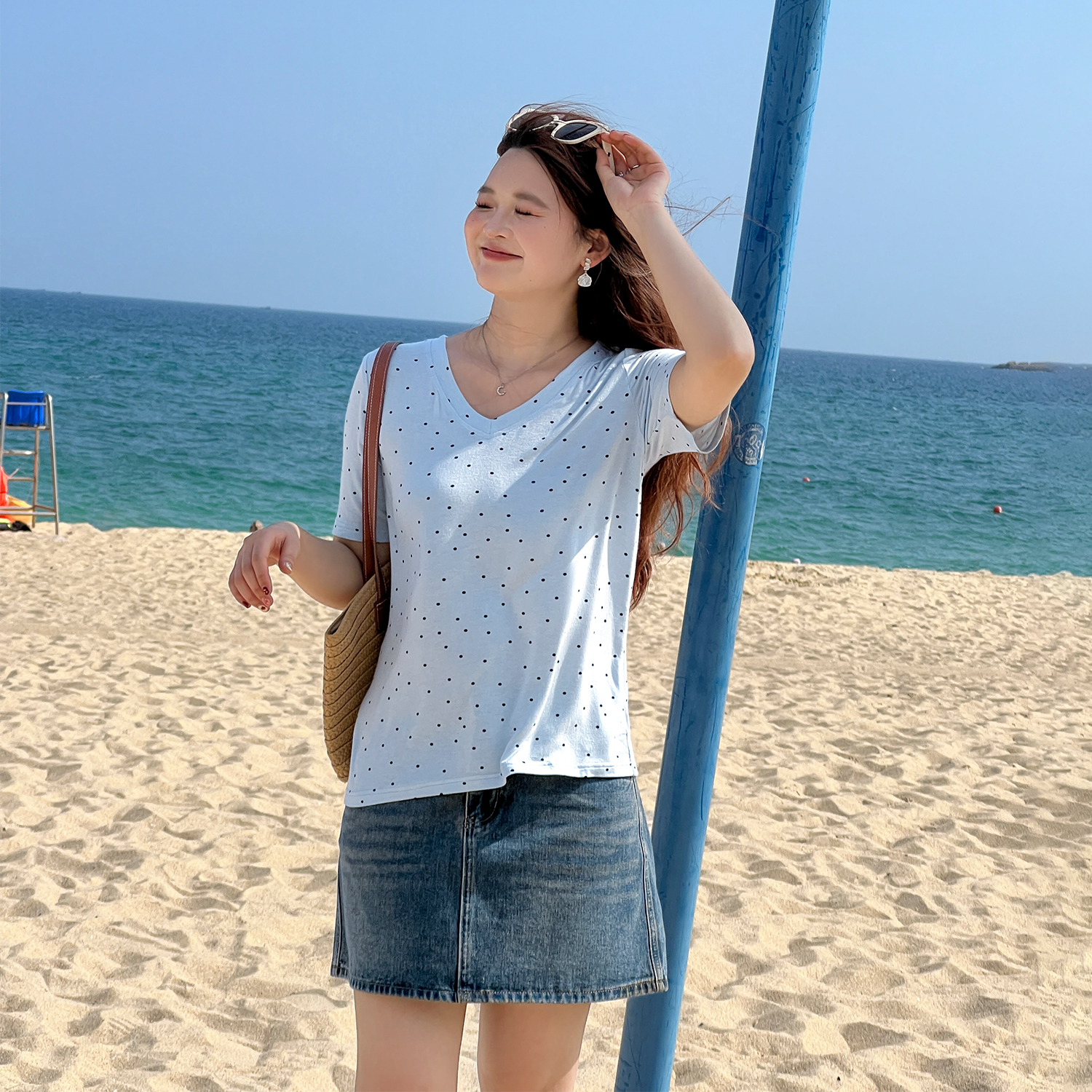 DM100大码百分百女装2025夏胖mm显瘦波点V领短袖正肩T恤波点风潮