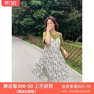 假两件连衣裙 DM100大码 百分百女装 夏微胖mm 宽松碎花圆领T恤裙