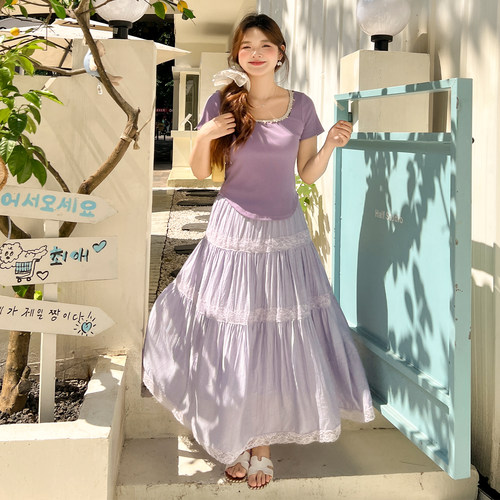 DM100大码百分百女装夏季胖mm花边领口正肩显瘦方领多色短袖T恤