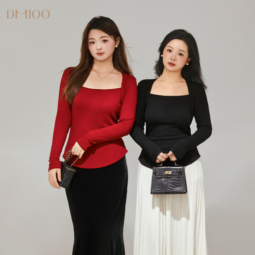 DM100大码百分百女装微胖mm冬季气质大领口收腰显瘦修身打底T恤