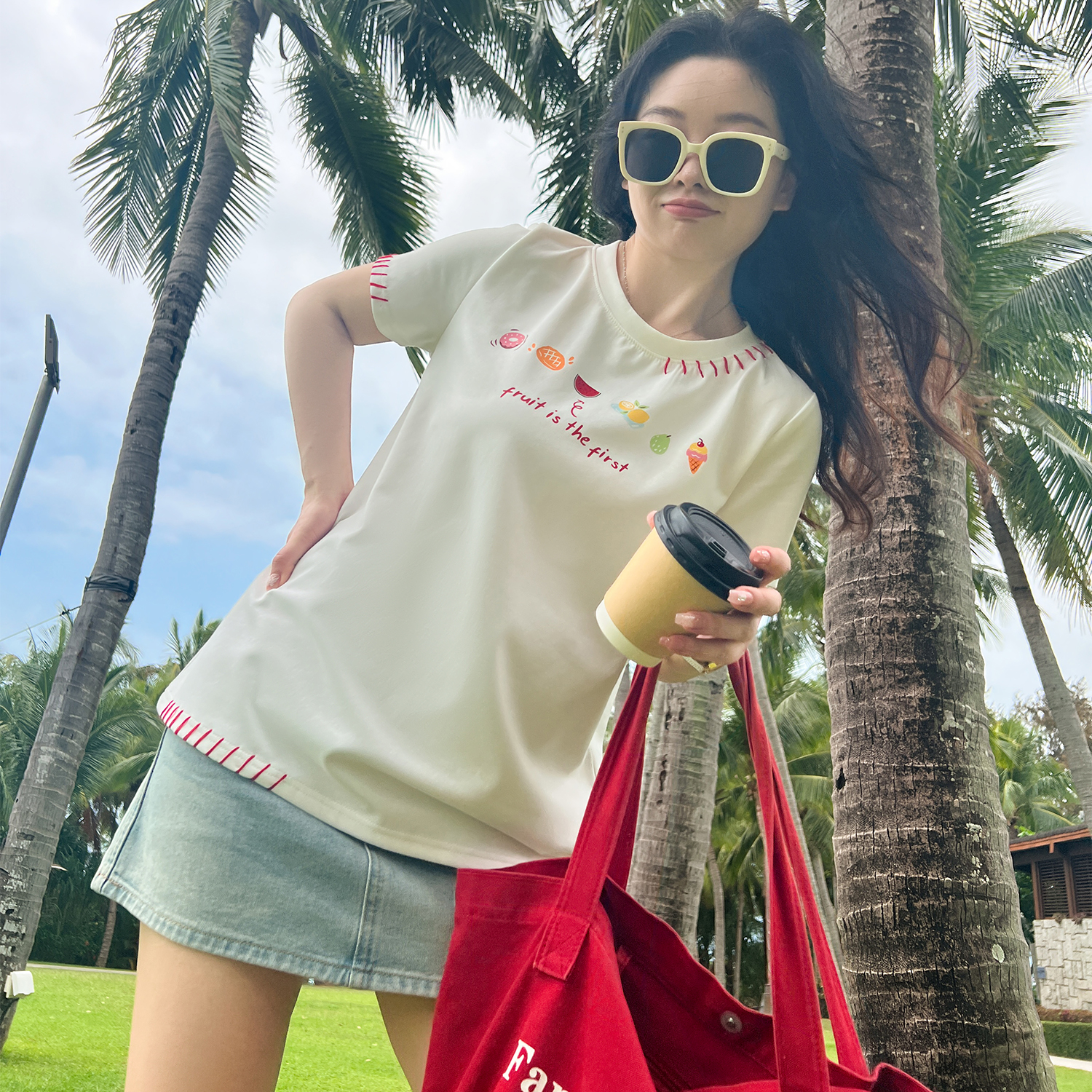 DM100大码百分百2025年夏季新款女装正肩宽松上衣甜美水果印花T恤