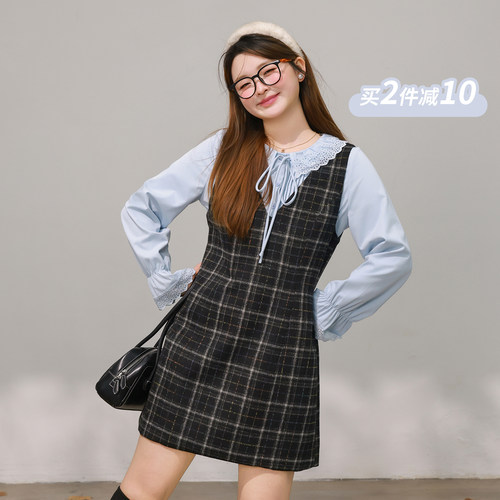 DM100大码百分百女装微胖mm冬季miu系花边正肩衬衫格纹毛呢裙套装