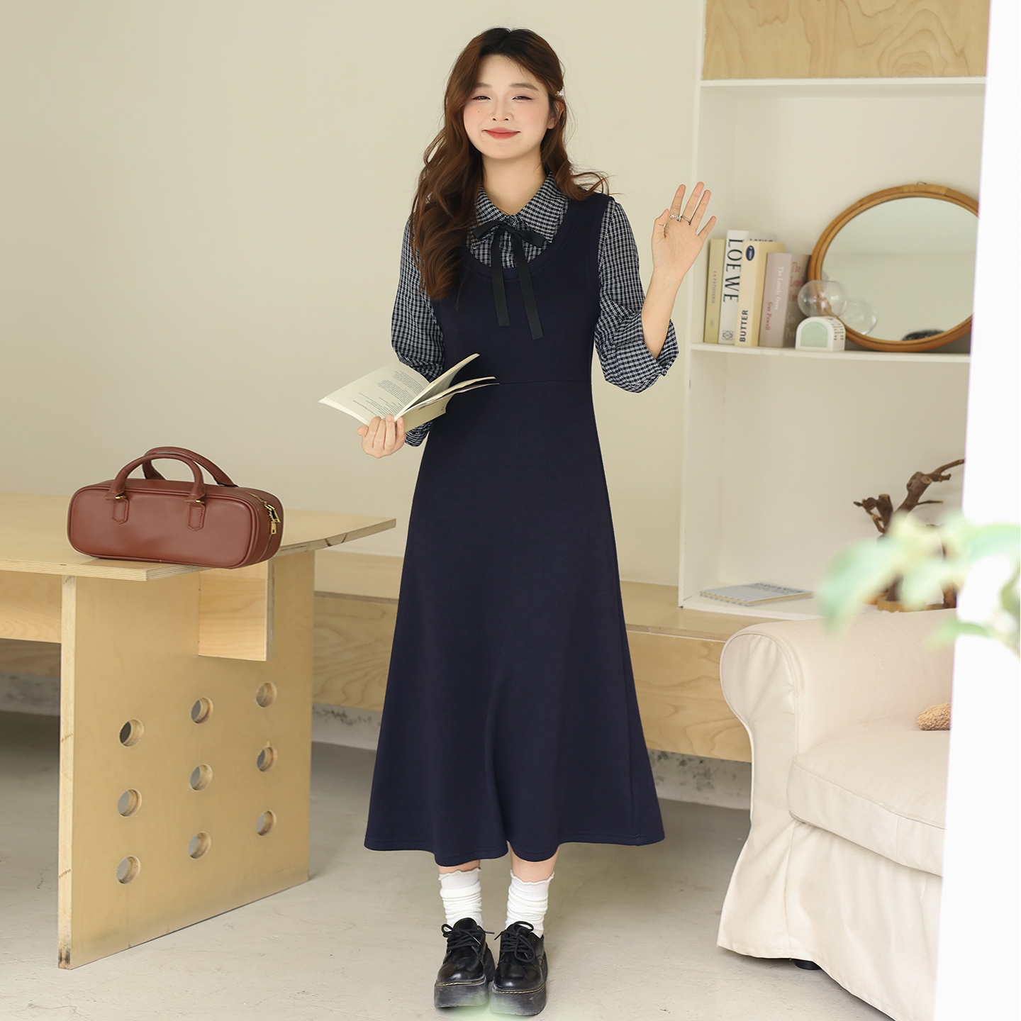 【10/31 新品88折+立减15%】DM100大码假两件格纹针织背心连衣裙