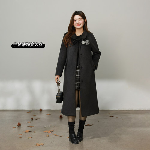 DM100大码百分百女装微胖mm冬季山茶花长款夹棉加厚毛呢大衣外套