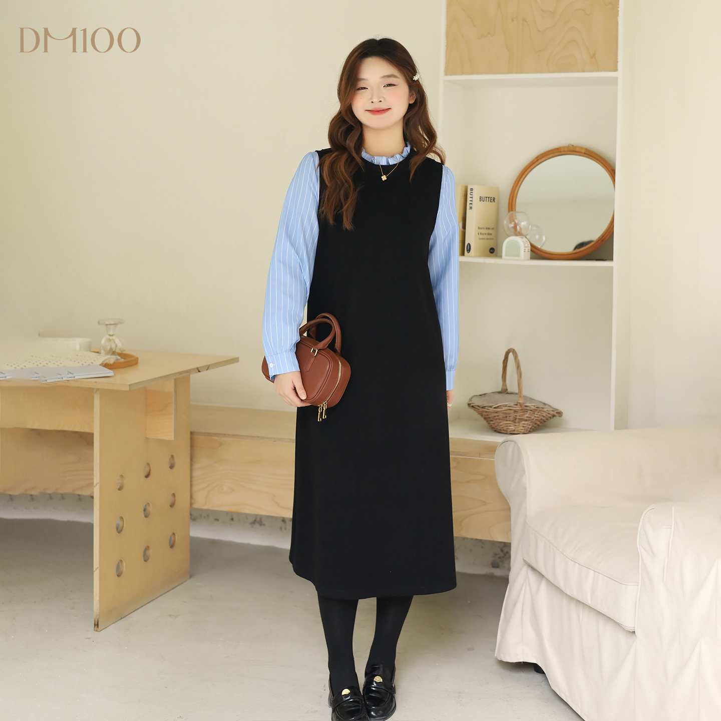 DM100大码百分百女装微胖mm冬季撞色条纹拼接黑色直筒针织连衣裙
