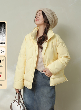 DM100大码百分百微胖mm女装冬季简约保暖立领短款轻薄羽绒服外套
