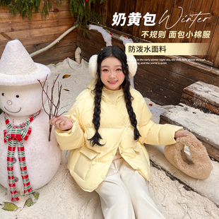 外套面包服 冬黄色棉服不规则正肩短款 DM100大码 百分百微胖mm女装