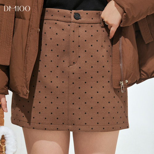 DM100大码百分百女装微胖mm冬季百搭咖色波点短款加厚毛呢半身裙