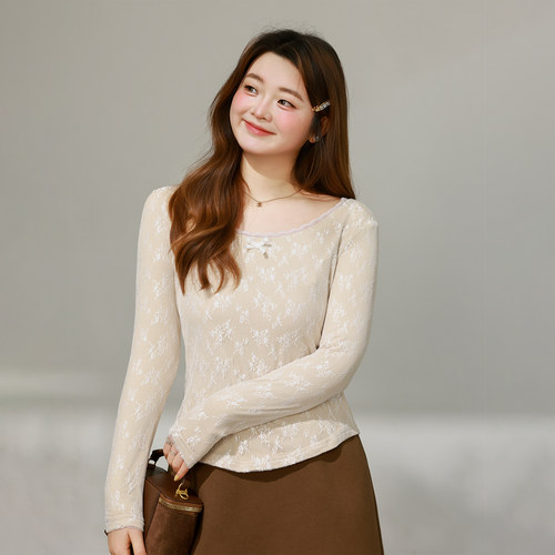 DM100大码百分百女装微胖mm冬季弹力网纱蕾丝修身打底收腰磨毛T恤