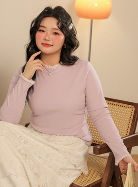 DM100大码百分百微胖mm女装修身打底衫撞色花边半高领德绒针织衫