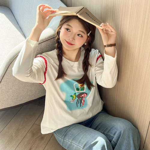 DM100大码百分百女装微胖mm秋宽松上衣美式印花贝壳绣白色打底T恤