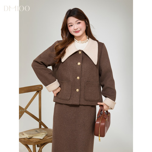 DM100大码百分百女装微胖mm冬季撞色娃娃领加厚夹棉外套毛呢套装