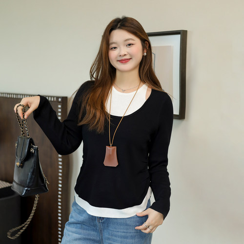 DM100大码百分百女装微胖mm秋季假两件镂空U领撞色收腰打底针织衫