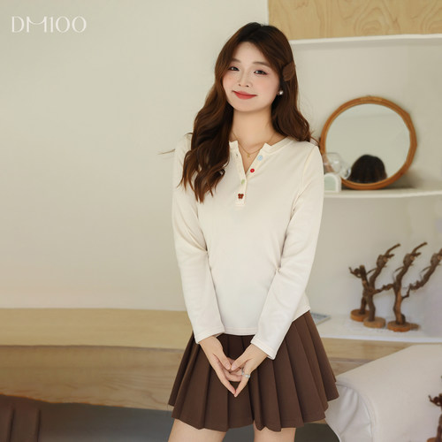 DM100大码百分百女装微胖mm冬季简约内搭彩扣小v领德绒打底衫T恤