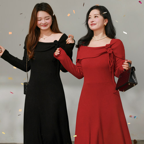 DM100大码百分百女装微胖mm冬季气质优雅收腰显瘦伞摆针织连衣裙